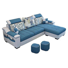 WoodenCentury L Shape sofa 3 Seat Linen Living Room Sofa Set Home Furniture Modern Design Frame Soft Sponge Shape Home Furniture(Foot ped + 2 cloth stool) 