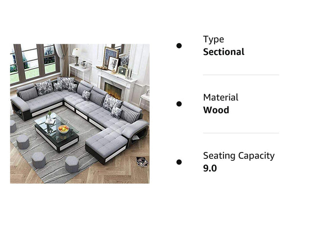 WOODENCENTURY Quality Assure Furniture Sectional Hardwood 9 Seater Fabric Sofa Set with 4-Puffy (Roland Silver and Brown)